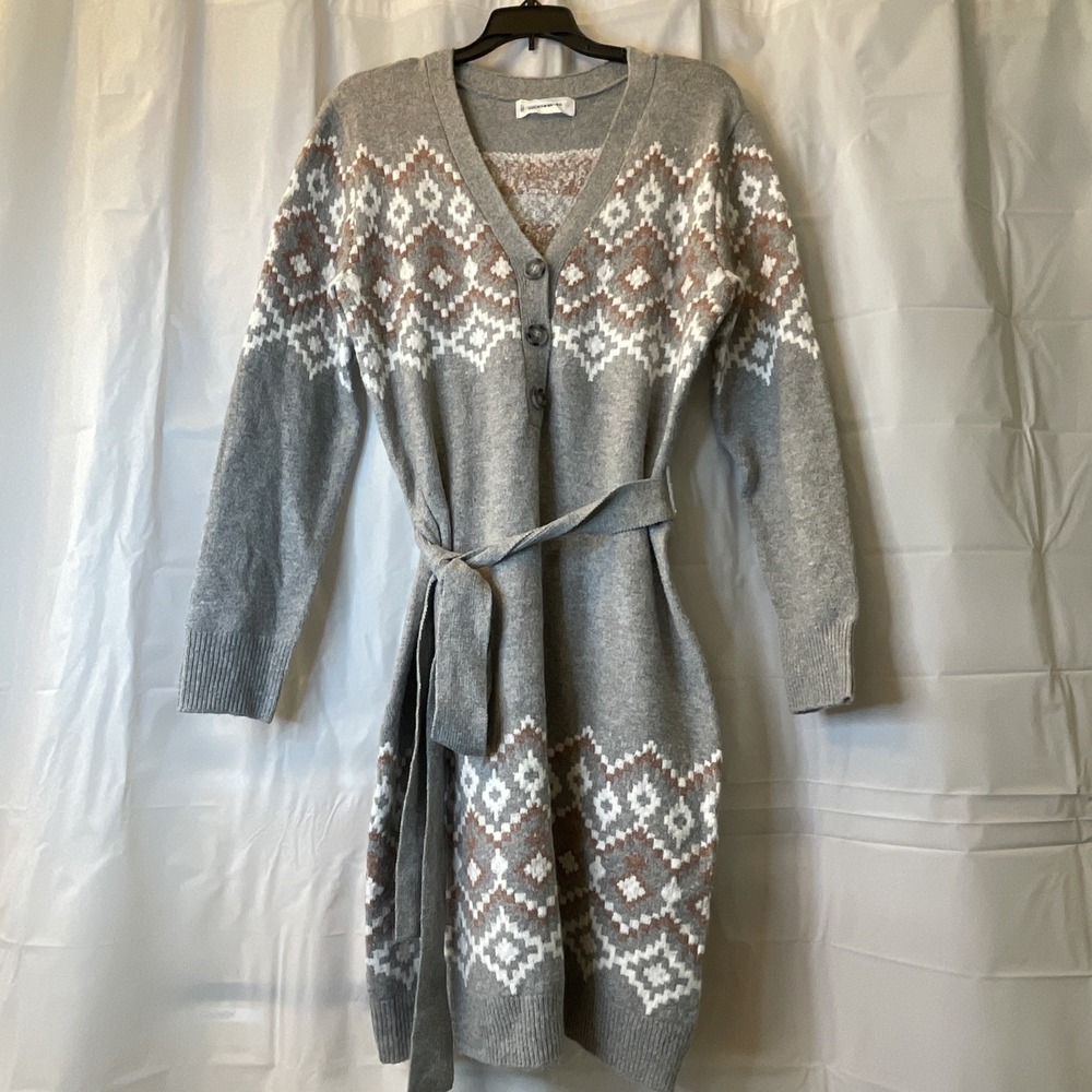 Lucky Brand Dress Women Large‎ Gray Pink Fair Isle Nordic Sweater Knit Tie Boho - Picture 3 of 13
